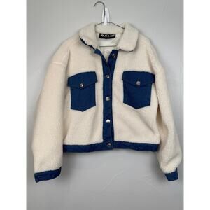 Jolie & Joy Sherpa Jacket Medium Cream White Denim Trim Shacket Streetwear
